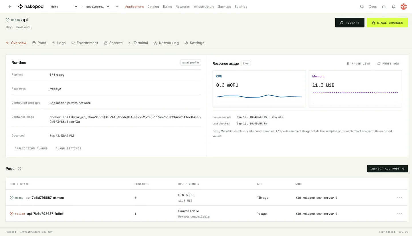 Hakopod inspect dashboard from the shop local demo