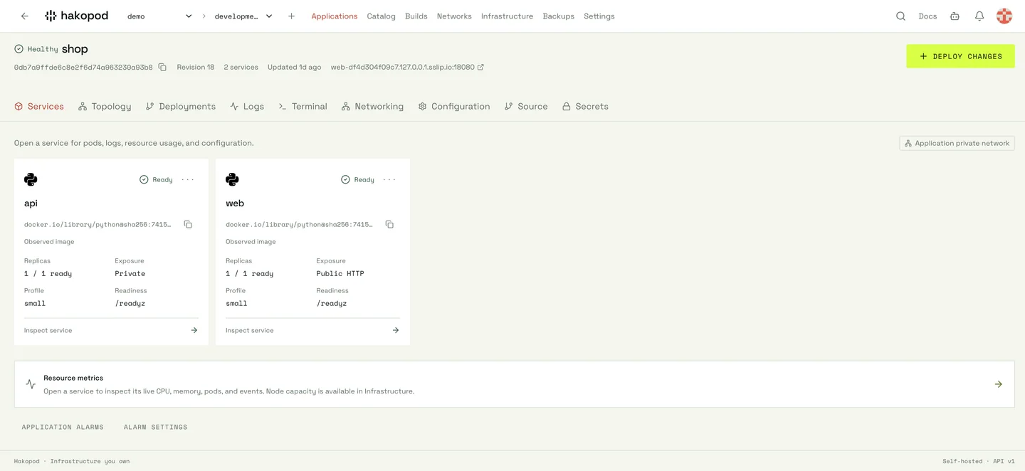 Hakopod services dashboard from the shop local demo